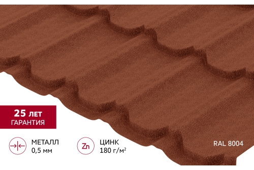 Металлочерепица "Квинта Юг" 0,5 Satin Matt RAL 8004 терракота