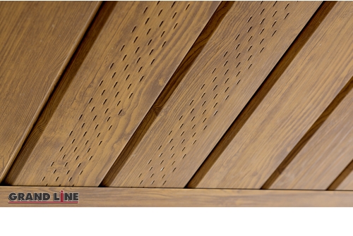 Софит металлический ЭкоБрус 0,345 Grand Line с перфорацией 0,45 Print Elite Golden Wood TwinColor