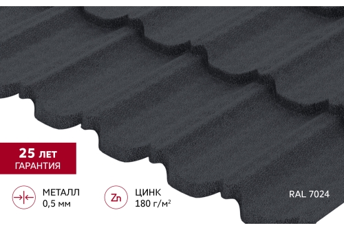Металлочерепица "Квинта Уно" ("Kvinta Uno") 0,5 Satin Matt TX RAL 7024 мокрый асфальт