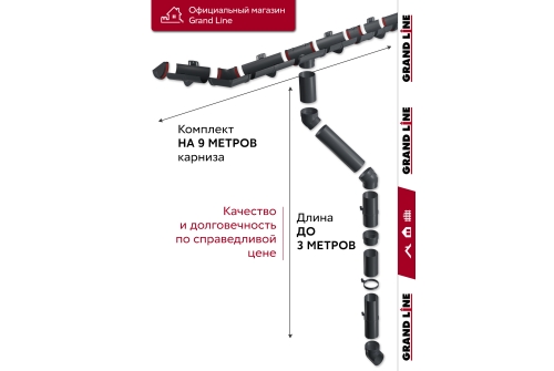 Комплект водосточной системы Классика 120 ПВХ Grand Line, 9м/3м графит (RAL 7024)