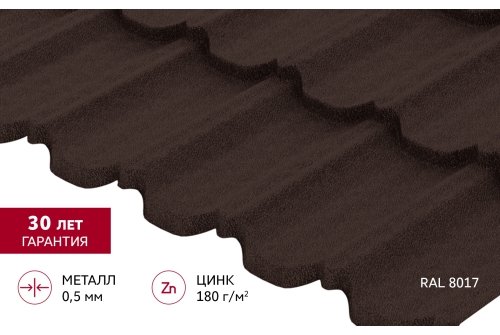 Металлочерепица "Квинта Уно" ("Kvinta Uno") 0,5 PurLite Matt RAL 8017 шоколад