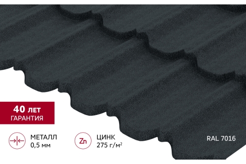 Металлочерепица "Квинта Уно" ("Kvinta Uno") 0,5 PurPro Matt 275 RAL 7016 антрацитово-серый