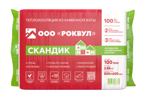 Утеплитель RockWool Лайт Баттс Скандик 800х600х100 (6шт/пач. 2,88м2, 0,288м3, 36пач/пал)