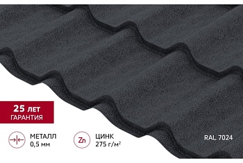 Металлочерепица Классик ("Classic") v02 0,5 Velur X RAL 7024 мокрый асфальт