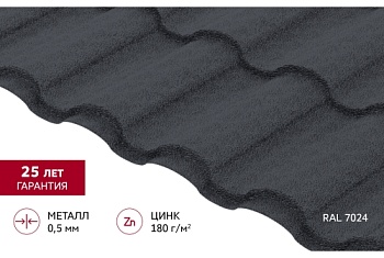 Металлочерепица "Кредо" ("Kredo") v02 0,5 Satin Matt TX RAL 7024 мокрый асфальт