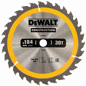 Диск пильный DeWalt Construction по дереву с гвоздями 184x16 30T